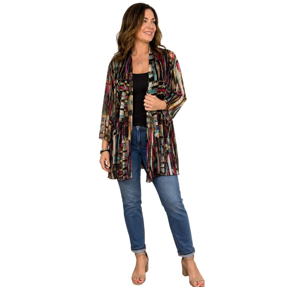 Ali Miles Abstract Mesh Open Front Cardigan Jacket XL Artsy Sheer Layered